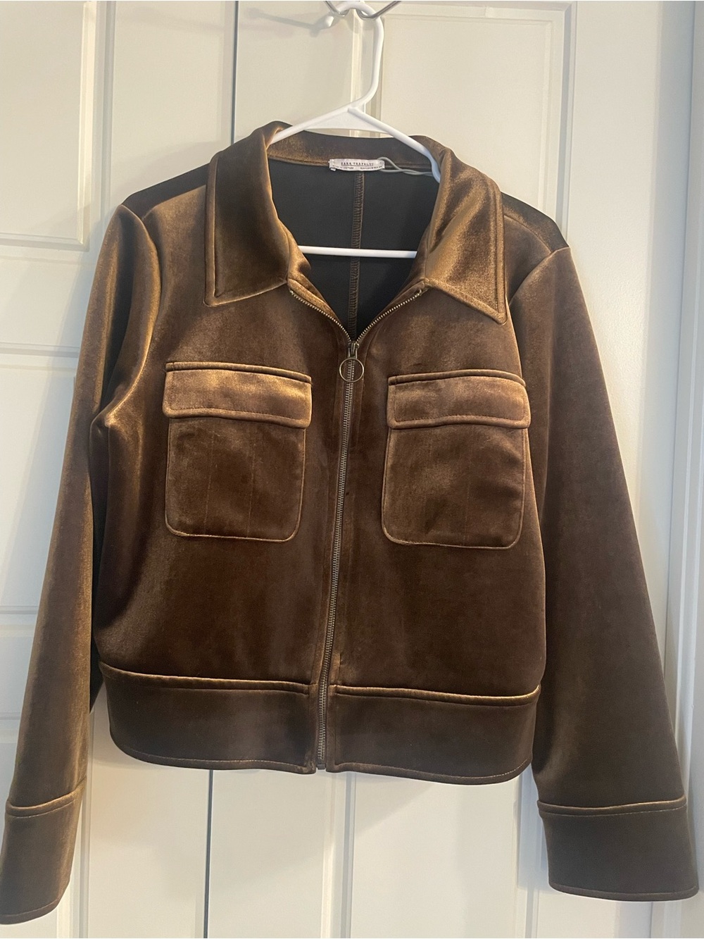 Zara Brown Velvet Zip-Front Jacket with Patch Pockets